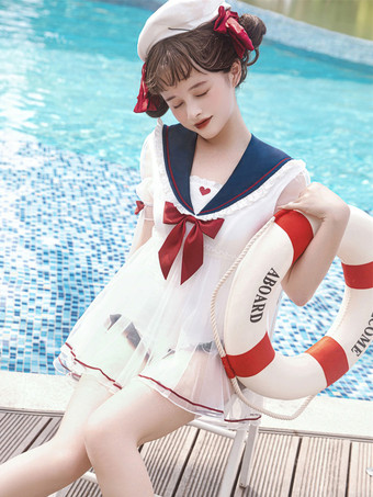 甘ロリータ水着 ホワイト リボン 半袖 ジャンプスーツ