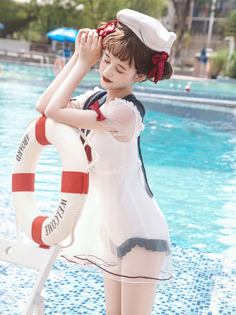 甘ロリータ水着 ホワイト リボン 半袖 ジャンプスーツ
