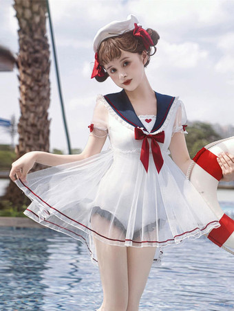 ホワイト 甘ロリータ水着 ホワイト リボン 半袖 ジャンプスーツ