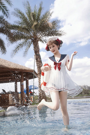 甘ロリータ水着 ホワイト リボン 半袖 ジャンプスーツ