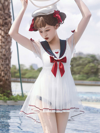 甘ロリータ水着 ホワイト リボン 半袖 ジャンプスーツ