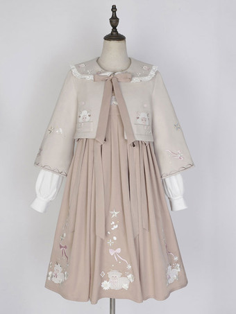 甘ロリータ衣装 ピンク 刺繍入り リボン 長袖 オーバーコート ジャンパー