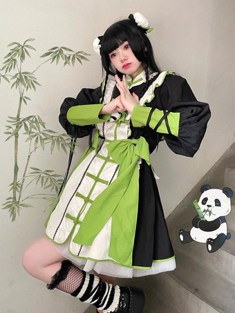 中華風ロリータドレス フリル 長袖 ポリエステル 中華風 パンダグリーン 中華風ロリータ