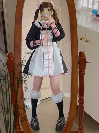 ピンク中華風ロリータドレス フリル 長袖 ポリエステル 中華風 パンダグリーン 中華風ロリータ