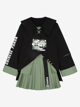 中国風のロリータ衣装黒パンダ レースアップ長袖スカート トップ