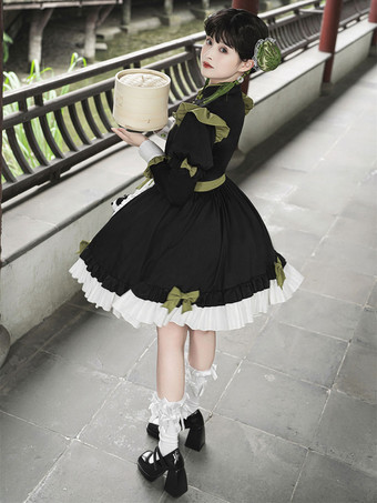 中華風ロリータドレス フリル 長袖 ポリエステル 中華風 パンダ 黒 中華風ロリータ