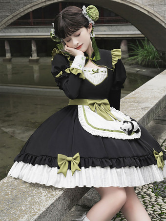 中華風ロリータドレス フリル 長袖 ポリエステル 中華風 パンダ 黒 中華風ロリータ