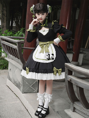 中華風ロリータドレス フリル 長袖 ポリエステル 中華風 パンダ 黒 中華風ロリータ