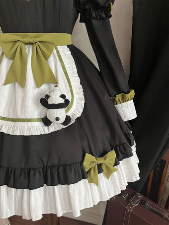 中華風ロリータドレス フリル 長袖 ポリエステル 中華風 パンダ 黒 中華風ロリータ