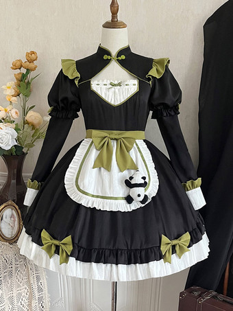 中華風ロリータドレス フリル 長袖 ポリエステル 中華風 パンダ 黒 中華風ロリータ