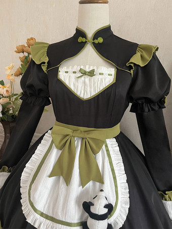 中華風ロリータドレス フリル 長袖 ポリエステル 中華風 パンダ 黒 中華風ロリータ