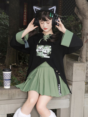 中国風のロリータ衣装黒パンダ レースアップ長袖スカート トップ