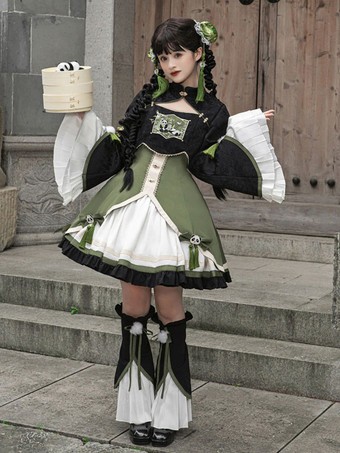 中華風ロリータドレス フリル 長袖 ポリエステル 中華風 パンダ ブラック 中華風ロリータ