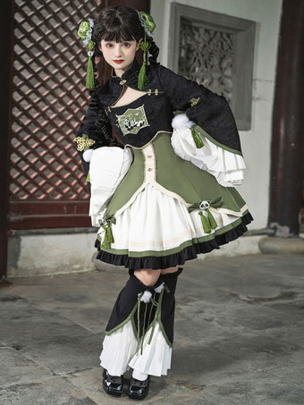 中華風ロリータドレス フリル 長袖 ポリエステル 中華風 パンダ ブラック 中華風ロリータ