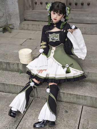 中華風ロリータドレス フリル 長袖 ポリエステル 中華風 パンダ ブラック 中華風ロリータ
