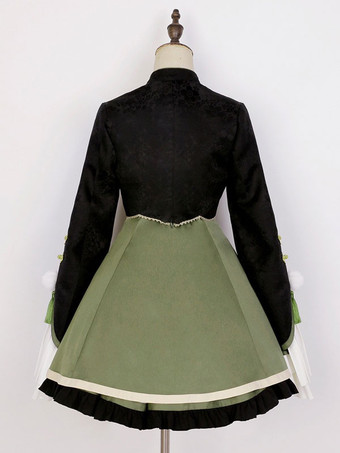 中華風ロリータドレス フリル 長袖 ポリエステル 中華風 パンダ ブラック 中華風ロリータ