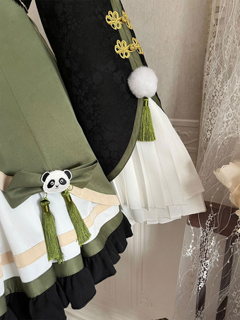 中華風ロリータドレス フリル 長袖 ポリエステル 中華風 パンダ ブラック 中華風ロリータ