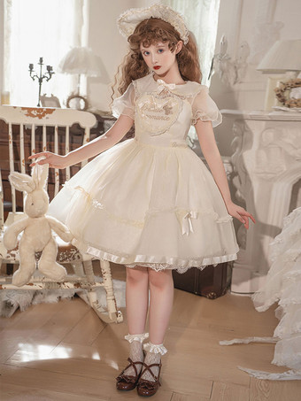 アイボリー スウィートロリータドレス ポリエステル半袖ドレス スウィートロリータドレス