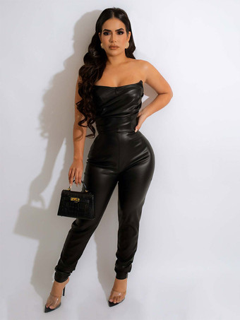 ブラック コーヒーブラウン ストラップレス ノースリーブ プリーツ ストレッチ ストラップレス PUレザー テーパードフィット 夏ワンピース 衣装