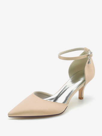 シャンパンカラーウェディングシューズ ブライダルパンプス シルク＆サテン ポインテッドトゥ ラインストーン