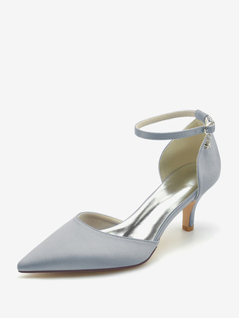 シルバー ウェディングシューズ ブライダルパンプス シルク＆サテン ポインテッドトゥ ラインストーン