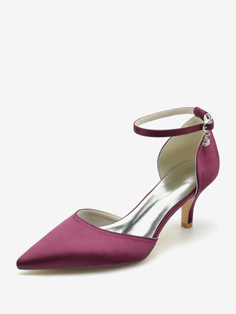 ワインレッド ウェディングシューズ ブライダルパンプス シルク＆サテン ポインテッドトゥ ラインストーン