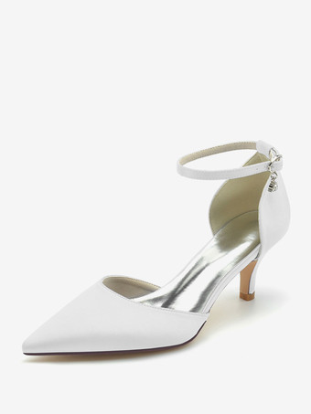 ホワイト ウェディングシューズ ブライダルパンプス シルク＆サテン ポインテッドトゥ ラインストーン