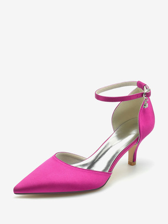 ローズレッドウェディングシューズ ブライダルパンプス シルク＆サテン ポインテッドトゥ ラインストーン