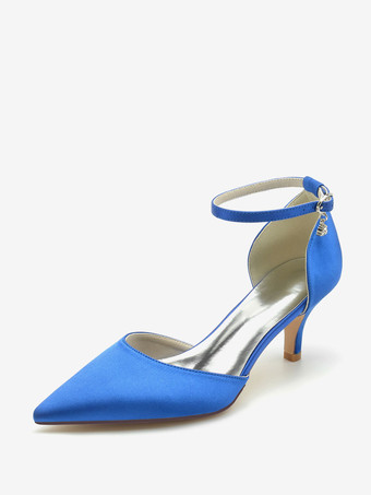 ロイヤルブルーウェディングシューズ ブライダルパンプス シルク＆サテン ポインテッドトゥ ラインストーン