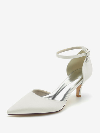 アイボリー ウェディングシューズ ブライダルパンプス シルク＆サテン ポインテッドトゥ ラインストーン