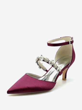 ワインレッド ウェディングシューズ ブライダルパンプス シルク＆サテン ポインテッドトゥ ラインストーン