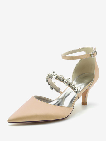 シャンパンカラーウェディングシューズ ブライダルパンプス シルク＆サテン ポインテッドトゥ ラインストーン
