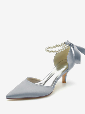 シルバー ウェディングシューズ ブライダルパンプス シルク＆サテン ポインテッドトゥ パール