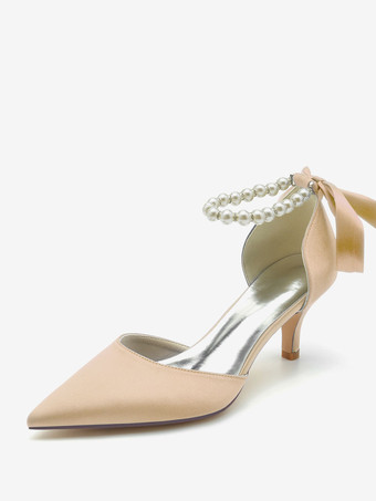 シャンパンカラーウェディングシューズ ブライダルパンプス シルク＆サテン ポインテッドトゥ パール
