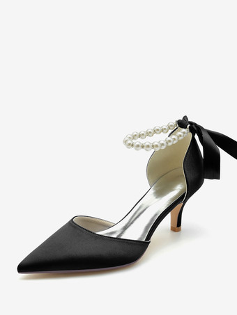 ブラック ウェディングシューズ ブライダルパンプス シルク＆サテン ポインテッドトゥ パール