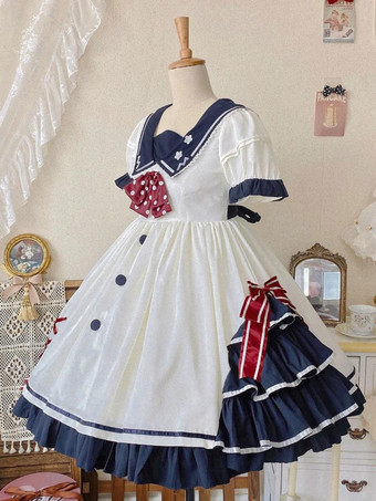 スウィートロリータドレス ポリエステル ショートスリーブドレス ネイビースタイルロリータドレス