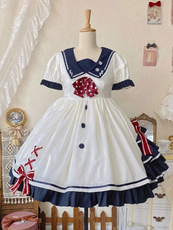 スウィートロリータドレス ポリエステル ショートスリーブドレス ネイビースタイルロリータドレス