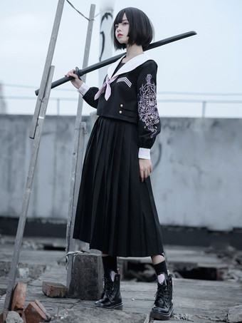 病み可愛いＪＫ地雷系セーラー服にロングプリーツスカートのツーピース