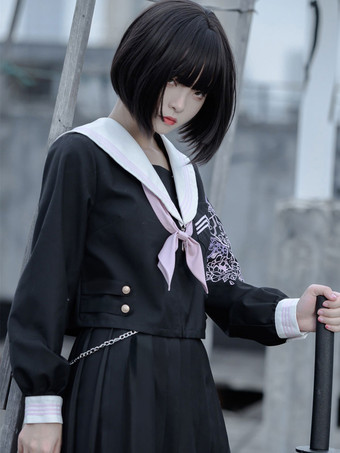 病み可愛いＪＫ地雷系セーラー服にロングプリーツスカートのツーピース