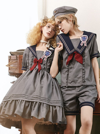 グレイ【男の子】ネイビー系ロリータ服 黒リボン フリル 半袖 トップス クラバットパンツ