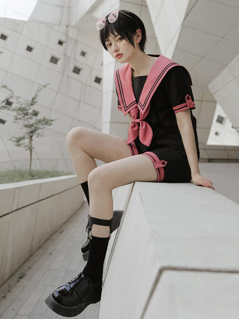 【男の子】ネイビー系ロリータ服 黒リボン フリル 半袖 トップス クラバットパンツ