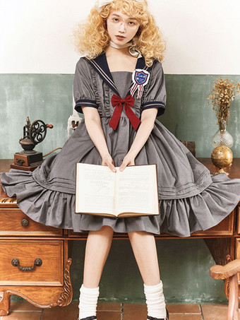 【女の子】甘ロリータワンピース ポリエステル 半袖ワンピース ネイビー系ロリータワンピース