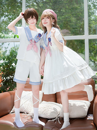 ホワイト 【女の子】甘ロリータワンピース ポリエステル 半袖ワンピース ネイビー系ロリータワンピース