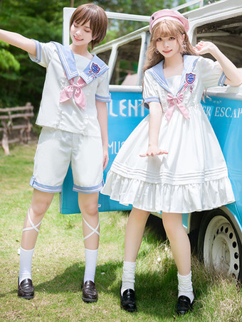 【女の子】甘ロリータワンピース ポリエステル 半袖ワンピース ネイビー系ロリータワンピース