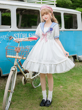 【女の子】甘ロリータワンピース ポリエステル 半袖ワンピース ネイビー系ロリータワンピース