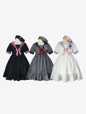 【女の子】甘ロリータワンピース ポリエステル 半袖ワンピース ネイビー系ロリータワンピース