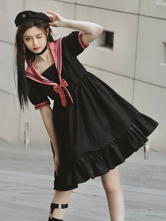 ブラック 【女の子】甘ロリータワンピース ポリエステル 半袖ワンピース ネイビー系ロリータワンピース