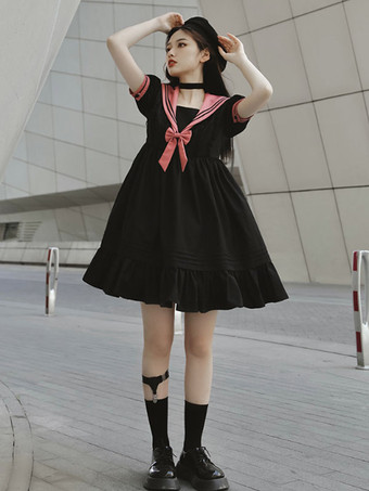 【女の子】甘ロリータワンピース ポリエステル 半袖ワンピース ネイビー系ロリータワンピース