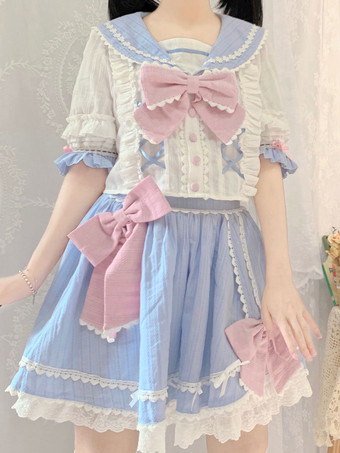 ネイビー スタイル ロリータ衣装ディープ ブルー フリル弓半袖トップ スカート