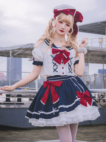 ネイビー スタイル ロリータ衣装ディープ ブルー フリル弓半袖トップ スカート